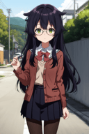 1girl, solo, pantyhose, school uniform, collared shirt, standing, glasses, hair flaps, long hair, black hair, looking at viewer, teacher, green eyes, petite, outdoors, <lora:waist_size_control_v1.0:1.5>, <lora:hairflap2-000002:1.0>, hair flaps, <lyco:kyoto animation_artstyle_LoCon:0.4>, kyoto animation, anime screencap