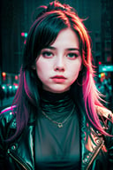 city street, neon, fog, volumetric, closeup portrait photo of young woman in dark clothes, 
,perfect,perfect light
