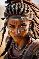 (best quality,4k,highres,masterpiece:1.2),ultra-detailed,wide angle action shot of Senua, a fierce Pict warrior with dreadlocks, sprinting into battle. Her face is contorted in a snarling expression, showcasing her determination and ferocity. She wears a handcrafted cloth outfit, adorned with intricate patterns and symbols, representing her connection to nature and ancient traditions. War paint graces her face, enhancing her intimidating appearance.