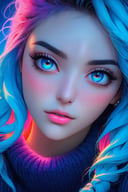 realistic,detailed,anime-style,1girl,beautiful detailed eyes,beautiful detailed lips,extremely detailed eyes and face,long eyelashes,Sweater,order,Blue gradient background,Neon hair,Textured crop,Canadian,(masterpiece:1.2),(best quality),(niji style),vivid colors
