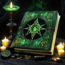 ((best quality)), ((masterpiece)), ((realistic,digital art)), (hyper detailed),DonMD34thM4g1cXL, magical grimoire with yellow worn pages and mystic runes, laying on an eerie ancient desk made of black wood, (dark, sinister:2.0), fading dark green magic swirls and candle lights, <lora:DonMD34thM4g1cXL_v3.0-000015:0.85>