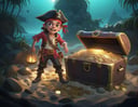 a kid pirate on treasure island, buried chest full of coins, sea, detailed, sub surface scattering, particles, dust, sharp focus, glow <lora:MODILL_XL_0.27_RC:0.6>