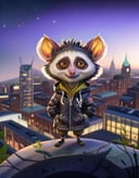 a Aye-aye wearing leather jacket, Manchester in the background at First light, sharp focus, particles, detailed, sub surface scattering, (Mulberry ambient light:1.1) <lora:MODILL_XL_0.27_RC:1>