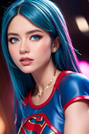 Supermodel 8k, full_body, close up, neon hair, wearin supergirl outfit, looking at the viewer, highlighter, make_up, bold lips, perfect face, piercing blue eyes, body hourglass, high heels, neon lights, studio lighting, realistic portrayal, intricate details, depth of field, captured with Fujifilm XT3, RAW photo format, UHD resolution, photo r3al,Wearing edgTemptation