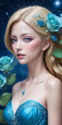 ultra highly detailed, mannerism, surrealism digital painting,   by Marc Todd, Nicoletta Ceccoli, Ray Caesar, WLOP,  close up  half  water transparent luminous  fairy  half blue rose   , swirling blue rose vines,, trees  big blue closed rose flowers, moon, moonlight, detailed night sky with porn, lavish green leaves,  garden, blossoming,  stars, sparks, Van Gogh starry sky , celestial glowing,  glowing aura,   mystical,  water drops, highly detailed, intricated, intricated pose, complex background ,  oil painting, thick strokes,  mannerism , vibrant colors, masterpiece, high quality, 32k, best quality, , ultra sharp focus,Enhanced All,Pure Beauty