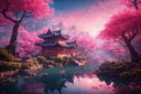 Pink moon,（low-contrast）, A masterpiece in colorful fantasy style, best qualtiy, high qulity, the Extremely Detailed CG Unity 8K Wallpapers,Chinese Traditional illustration style,the night,scenecy, exteriors,Chinese style buildings, mont, Skysky, Cloud fog,No Man, The landscape, Eau, pines,There are lotus flowers on the pond,naturey,award winning photography, Bokeh, depth of fields, hdr, flood, color difference , Photorealistic and realistic, The is very detailed, trends in art station, Trend of CGsociety, 复杂, high detal, dramatics,art by midjourney