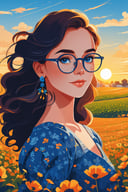 shadow flat vector art, masterpiece, best quality, portrait, girl, blue dress, hair flower, flower field, glasses, freckles, blue sky, sunset, earrings, Cinematic light, intricate detail, illustration, intricate eyes, perfect face, happy, highres, absurdres, 8K