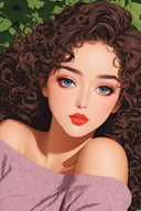 (best quality,4k,8k,highres,masterpiece:1.2),ultra-detailed,shadow flat vector art,illustrator,bare shoulder,sexy,cleavage,1girl,portrait,curly hair,simple background,niji style,camisole,pullover sweater,beautiful detailed eyes,beautiful detailed lips,extremely detailed eyes and face,longeyelashes