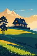 shadow flat vector art, vector illustration, (best quality,4k,8k,highres,masterpiece:1.2),ultra-detailed, minimalism,outdoors,grass,scenery,mountain,day,tree,blue sky,house