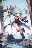 (masterpiece), fantasy, 1girl, blue hair, medium hair, knight, sword, action pose,