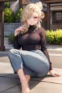 (masterpiece:1.2, best quality), (finely detailed beautiful eyes: 1.2), (extremely detailed CG unity 8k wallpaper, masterpiece, best quality, ultra-detailed),  signora \\(genshin impact\\) , large breasts, long hair, mature female, sweater, shirt ,pants, casual clothes,  High contrast, (best illumination, an extremely delicate and beautiful),1girl,(simple backround, outdoors,  front on),  looking at viewer,beautiful detailed glow,full body, (beautiful detailed face, beautiful detailed eyes)