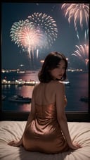 (Best quality, realism, photorealism, highres, UHD:1.2),Photo of Pretty Japanese woman, early-twenty, 1woman, miho, (shoulder length dark brown hair), double eyelids, glossy plump lips, alluring plump figure, tall stature, pale skin, peach colored floral loose knee-length dress, (nighttime, dark theme:1.4), huge white room, french windows, (beautiful city night views and a grand fireworks display with brilliant colors:1.4), many huge fireworks raised high, queen size bed, on all fours on bed watching fireworks, full body portrait, cozy and aesthetics, sharp focus, from behind slightly above, hips focus, ray tracing, epiC35mm,