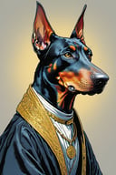 Doberman Pinscher wearing a priests collar and clothing, standing like a man,
