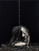 painting of a  nude woman praying in a decrepit church, chained to the ground by large steel chains tightly tangling around nude body , smeared and mutated composition ,  impressionist, deep black background,,   in the style of nicola samori <lora:NicolaSamori(1):1.2>
