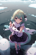 1girl solo arctic-tundra snowy-landscapes frozen-lakes night icy harsh ethereal ghost-white-turtleneck fur-trim gainsboro-skirt scarf footwear-ribbon smile closed-mouth looking-at-viewer Dark-Green-Hair Blue-Eyes <lora:MitsuArt_Style-000010:0.9> mitsu-\(mitsu-art\) from-above