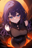 1girl solo volcano ash lava rocks dawn smoky ominous powerful orange-romper hoop-earrings smile closed-mouth looking-at-viewer Purple-Hair Blue-Eyes <lora:MitsuArt_Style-000008:1.0> mitsu-\(mitsu-art\) from-above