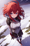 1girl solo snowy-mountains snowdrifts starry-night-sky white-pine-forest blustery-winds icy-terrain midnight chocolate-pilot-suit lace-up-boots smile closed-mouth looking-at-viewer Red-Hair Blue-Eyes <lora:MitsuArt_Style-000009:1.0> mitsu-\(mitsu-art\) from-above