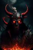 (best quality,highres,ultra-detailed:1.2),photorealistic,horrifying red-skinned male demon king,wide spread bat-like wings,long curved horns,menacing stare,sharp teeth,smoke rising from nostrils,sinister atmosphere,dark background,ominous shadows,dramatic lighting,evil,devilish,diabolic,nightmarish,diablo-inspired portrait,colorful palette,fiery red and black tones,crimson,ominous red glow,lava-like textures,surreal,ethereal,vivid,demonic power