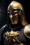 (best quality, highres, realistic:1.37), ultra-detailed, dark atmosphere, dramatic lighting, intense expression, golden hue, subtle brushstrokes, intricate helmet design, imposing presence, powerful gaze, knight's shield, ornate armor, detailed chainmail, mysterious background