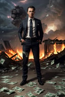 ((best quality)), ((masterpiece)), ((ultra realistic)), (dark), award winning glamor photograph, a prim dapper business man smugly holding a wad of cash as the world burns behind him, full body shot, crumbling buildings, fire and brimstone, (cash falling from the sky, dollar bills, money everywhere:1.5), self satisfied expression, smug, selfish, wailing masses fill the street of a burning city, (apocalypse, total destruction, :1.4), depth of field, masterpiece, realistic, roughness, ultra realistic, photographed on a Canon EOS R5, 50mm lens, vibrant colors, F/2.8, HDR, 8k resolution, highres, high detail, sharp focus, dynamic angle, smooth, roughness, real life, photorealism, photography, 8k uhd, cinematic film still from the end of days|wolf of wall street|reservoir dogs
