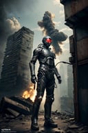(best quality,ultra-detailed,realistic:1.37)mechanical exoskeleton,metallic,highly-textured,futuristic,grimy,shadowy,post-apocalyptic cityscape,tense,action-packed,broken buildings,smoke-filled sky)