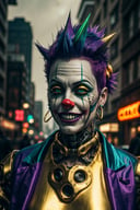 ((best quality)), ((masterpiece)), ((ultra realistic)), ((dark fantasy style)), (1man:1.3), (night), majestic intricately detailed soft oil painting, close up facial portrait, a maniac cyberpunk punk, (intricately detailed cybernetic augmentation, green and purple mohawk, robotic implants, reflective golden plating, gold teeth:1.3), (manic evil grin:1.2), (clown makeup:1.3), in the dark rain washed city street, dramatic cinematic lighting, neon edge lighting, professional, dramatic lighting, (backlit:1.2), hard edge lighting, cold muted colors
