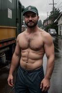 portrait, (rainy day), a hairy 30yo Garbage man, shirtless, wet, standing in front of his garbage truck, looking at viewer, (details face), dynamic pose, trashcan, in a usa village street, 8k uhd, dslr, soft lighting, high quality, blurry background