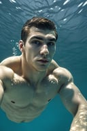 man underwater, perfect face, perfect body, 32k