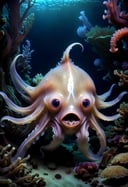 Dumbo octopus, cute, creepy, underwater, translucent skin, expressive eyes, ear-like fins, deep sea, surreal, whimsical, dark depths, underwater flora and fauna, otherworldly atmosphere​,(computer glitch:1.1), (engulfed in neon hues:1.25), hyperrealistic, ,