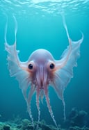 Dumbo octopus, cute, creepy, underwater, translucent skin, expressive eyes, ear-like fins, deep sea, surreal, whimsical, dark depths, underwater flora and fauna, otherworldly atmosphere​,(computer glitch:1.1), (engulfed in neon hues:1.25), hyperrealistic, ,