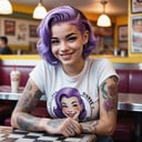 street photography photo of a young woman with purple hair, smile, happy, cute t-shirt, tattoos on her arms, sitting in a 50s diner
,r4w photo
