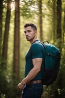 (8k, RAW photo, best quality, masterpiece), (realistic, photo-realistic), ultra-detailed, a man standing in front of forest, backpack, daylight, outdoor, sunlight, flare spot, looking at viewer, cowboy shot, blue shirt, upper body, posing, closed-up, <lyco:petvzal85BokehLoHa_v1:0.7>