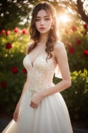 (8k, RAW photo, best quality, masterpiece), (realistic, photo-realistic), ultra-detailed, a girl standing in front of rose garden, long hair, daylight, outdoor, sunlight, flare spot, looking at viewer, cowboy shot, wedding dress, upper body, posing, closed-up, <lyco:petvzal85BokehLoHa_v1:0.7>