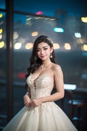 (8k, RAW photo, best quality, masterpiece), (realistic, photo-realistic), ultra-detailed, a girl standing in tavern, long hair, night, tavern, indoor, city lights, flare spot, looking at viewer, cowboy shot, black wedding dress, upper body, posing, closed-up, smile, starry_bokeh:1.35,  petzval85bokeh <lyco:hinaBokehLoHa:0.7>