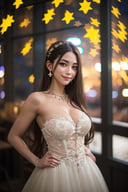 (8k, RAW photo, best quality, masterpiece), (realistic, photo-realistic), ultra-detailed, a girl standing in tavern, long hair, night, tavern, indoor, city lights, flare spot, looking at viewer, cowboy shot, black wedding dress, upper body, posing, closed-up, smile, (starry background),  starry_bokeh:1.5,  <lyco:hinaBokehLoHa:0.7>