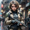a chest up photo shot of a beautiful student model aiming a gun,  in urban camouflage,  eye contact,  dark beige bobcut hair style,  rifle,  urban techwear,  outfit,  crowded business district in the rain,  depth_of_field,  fingerless glove,  shoulder holster,  belt,  hoslter,  thigh holster,  photo realistic,  hyperrealistic,  detailed
