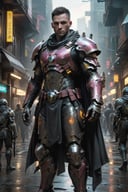 dystopian future, corporate private military contractor, blending scifi and fantasy,elite medieval knight, (armor pulsing with magic and energy:1.4), (intricate color capes:1.1),tactical implants, dark cyberpunk aesthetic inspired by shadowrun 