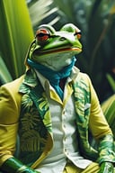 anthro (frog:1.2) (man:1.0) | wearing tropical summer wear | tropical setting | stunning detail, cinematic, positive light, gorgeous, pure colors, striking, beautiful, dramatic, intricate, highly integrated, amazing composition