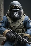 anthro (gorilla:1.1) | wearing korean soldier clothes, | korean two setting | 3/4 pose, crisp, focus, cinematic, highly detailed, very intricate, stunning color, striking deep colors, elegant, epic, beautiful, great composition