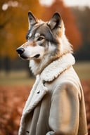 anthro (wolf:1.3) | wearing sheepskin coat, | sportsfield setting | portrait pose, close up, warm colors, surreal, dramatic, cinematic, professional, highly detailed, elegant, real, sharp focus, magical, mystical, scenic, muted Autumn color