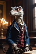 anthro (velociraptor:1.1) | wearing Victorian philosophers clothes, | ancient library setting | 3/4 pose, warm, cute, highly detailed, dramatic light, beautiful background, deep colors, cinematic, dynamic, stunning, brave, intricate, illuminated