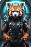 anthro (red panda:1.1) | wearing retro cyberwear, | futuristic setting setting | 3/4 pose, directed, intense, cinematic, highly detailed, focused, intricate, stunning, beautiful, symmetry, enhanced, clear background, inspired, full color