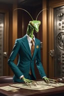 anthro (preying mantis:1.1) | wearing business bankers clothes, | bank vault setting| 3/4 pose, deep focus, beautiful, highly detailed, dramatic cinematic, artistic, fine detail, perfect colorful background, vivid colors, ambient light, sharp