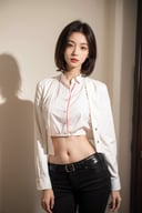 (best quality,4k,8k,highres,masterpiece:1.2),ultra-detailed,(realistic,photorealistic,photo-realistic:1.37),portrait, mid-twenty woman, 27 years old, white blouse, black coat, black pants, medium dark red bob hair, fair skin, red eyes, soft pink lips, curvy, hourglass-shaped figure, large breasts, waist-up, bright and warm tone, soft lighting