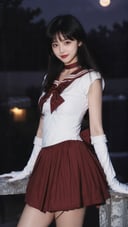 masterpiece, best quality, photorealistic, high_res, sama1, tiara, skirt, sailor senshi uniform, white gloves, red sailor collar, red skirt, star choker, elbow gloves, pleated skirt, bare legs, purple bow, standing, smile, moonlight, city, detailed background, finely detailed, intricate detailed, depth of field, low key, dslr, cowboy_shot