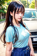 a very pretty girl,light blue hair,The background is a busy street,Du Qiong,Anime 5 sleep,computer graphics,sots art,big and nice chest,super big chest,Tight chest,Tight clothes,Wearing a light blue tight T-shirt,Various light blue skirts,Square Walk,Ray Tracing,Bright,It's drizzling,Upper Body Close-up,