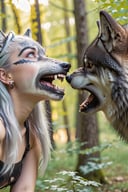 beautiful and perfect 8k uhd professional photograph, sharp focus, In a stunning fantasy world, a cute 20yo silver-haired girl has black devil horns and beautiful hands, 1girl and a mysterious 1giant wolf, beaming with joy, in bright natural light
