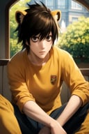 masterpiece, best quality, illustration, 1boy, solo, male focus, looking at viewer, , depth of field, , , <lora:l_lawliet:0.74>, l_lawliet, , lion costume, ,