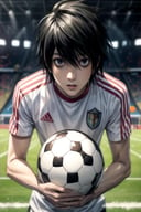 masterpiece, best quality, photorealistic, 1boy, solo, male focus, looking at viewer, , depth of field, , , <lora:l_lawliet:0.72>, l_lawliet, , , caps, soccer field, 12k resolution