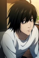 masterpiece, best quality, game cg, 1boy, solo, male focus, looking at viewer, , depth of field, , , <lora:l_lawliet:0.74>, l_lawliet,